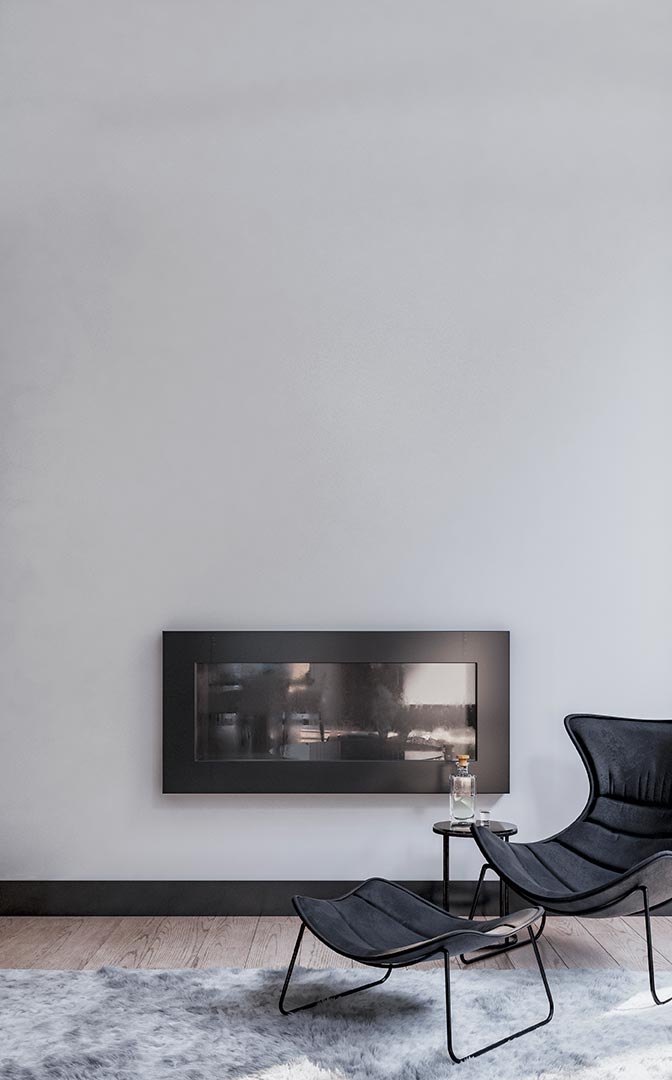 Blick in modernen Wohnraum - schwarze Leisten, weiße Wand