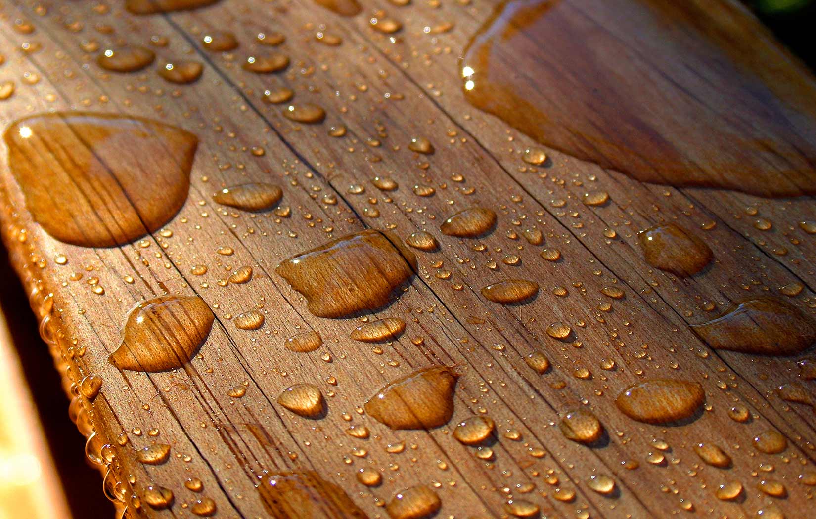 Holz im Garten gestrichen mit Wassertropfen Holz im Garten gestrichen mit Wassertropfen